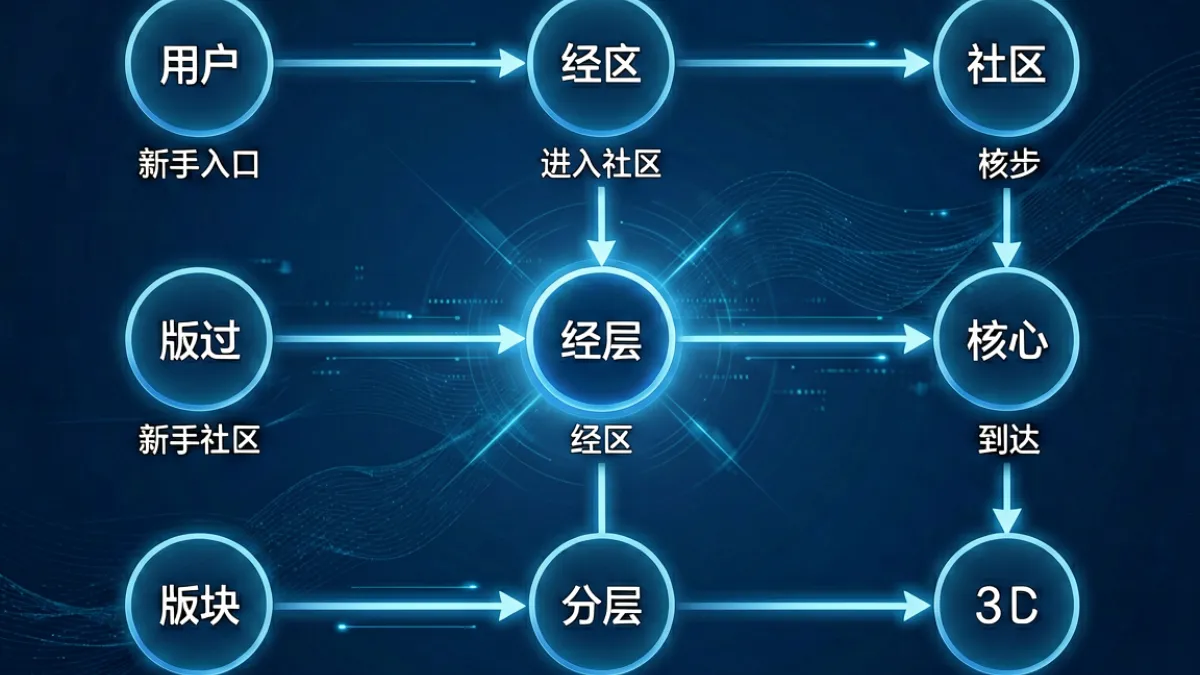 爱萝莉社区深度内容生态示意图，展示版块分层结构与用户行为路径，从新手入口到核心内容池的流转关系