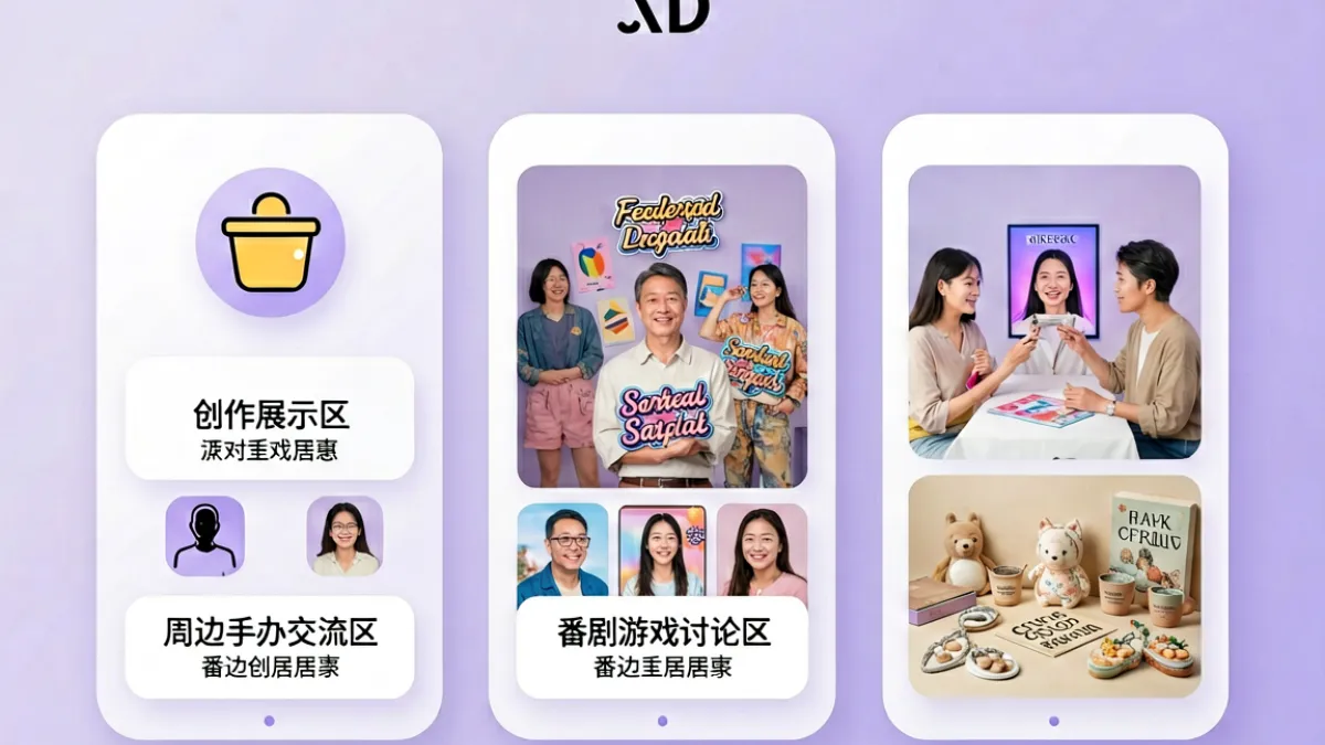 爱萝莉社区版块导航示意图，展示创作展示、讨论区、周边交流等主要板块的入口布局